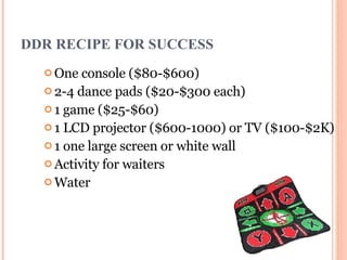 DDR RECIPE FOR SUCCESS One console ( $80-$600)  2-4 dance pads ( $20-$300 each) 1 game ( $25-$60) 1 LCD projector ($600-1000) or TV ($100-$2K) 1 one large screen or white wall Activity for waiters Water 