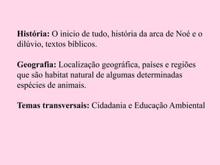 História: O inicio de tudo, história da arca de Noé e o
dilúvio, textos bíblicos.
Geografia: Localização geográfica, países e regiões
que são habitat natural de algumas determinadas
espécies de animais.
Temas transversais: Cidadania e Educação Ambiental

 
