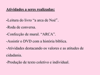 Atividades a seres realizadas:
-Leitura do livro “a arca de Noé”.
-Roda de conversa.
-Confecção de mural. “ARCA”.
-Assistir o DVD com a história bíblica.
-Atividades destacando os valores e as atitudes de

cidadania.
-Produção de texto coletivo e individual.

 