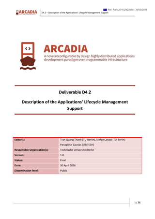 D4.2 – Description of the Applications’ Lifecycle Management Support
1 / 36
Deliverable D4.2
Description of the Applications’ Lifecycle Management
Support
Editor(s): Tran Quang Thanh (TU-Berlin), Stefan Covaci (TU-Berlin)
Panagiotis Gouvas (UBITECH)
Responsible Organization(s): Technische Universität Berlin
Version: 1.0
Status: Final
Date: 30 April 2016
Dissemination level: Public
Ref. Ares(2016)2422670 - 25/05/2016
 