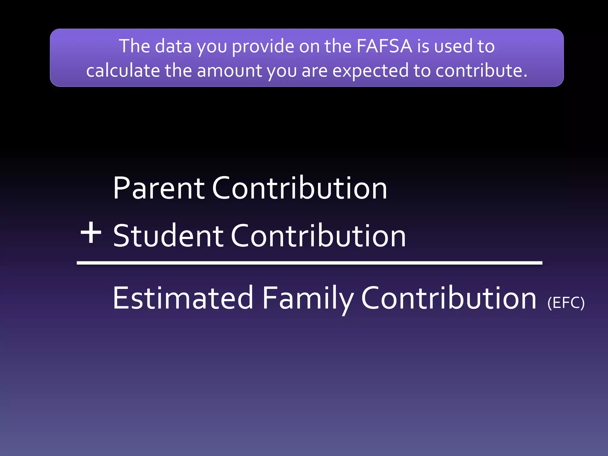 Parent Contribution
Student Contribution+
Estimated Family Contribution
The data you provide on the FAFSA is used to
calculate the amount you are expected to contribute.
(EFC)
 