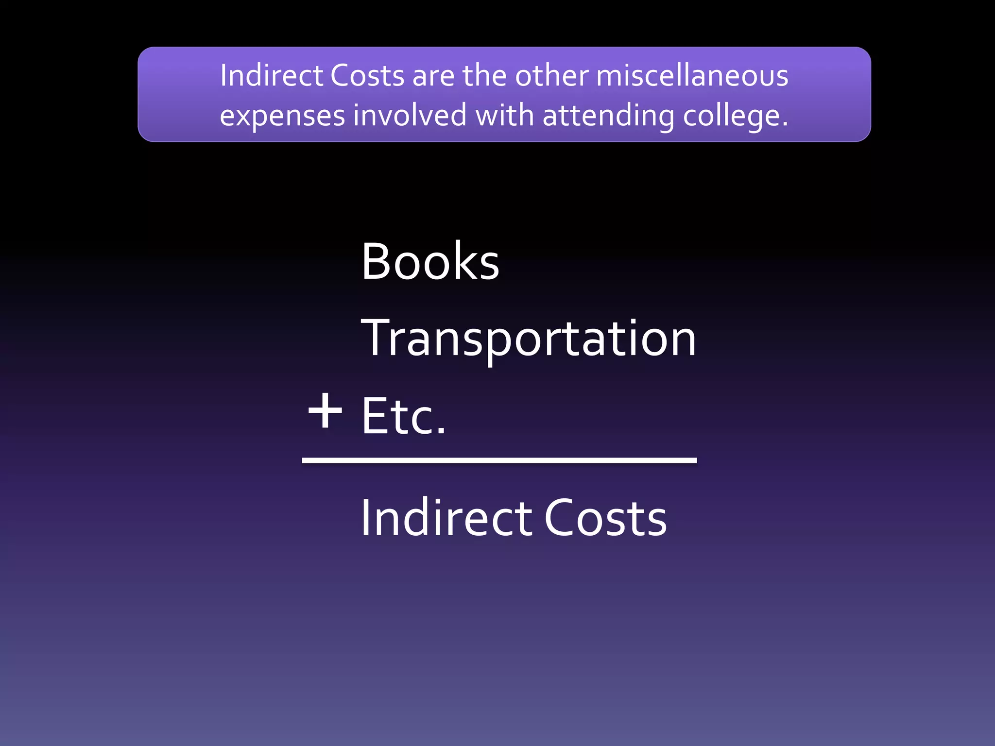 Books
Transportation
Etc.+
Indirect Costs
Indirect Costs are the other miscellaneous
expenses involved with attending college.
 