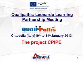 Qualipaths: Leonardo Learning
Partnership Meeting
The project CPIPE
1
Cittadella (Italy)10th
to 11th
January 2013
 
