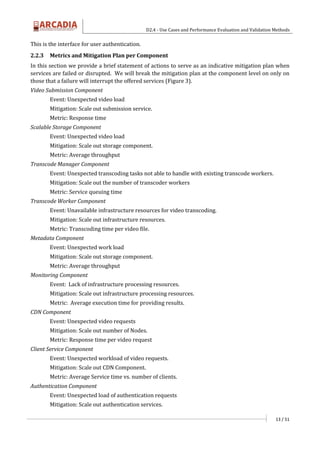 D2.4 - Use Cases and Performance Evaluation and Validation Methods
13 / 51
This is the interface for user authentication.
2.2.3 Metrics and Mitigation Plan per Component
In this section we provide a brief statement of actions to serve as an indicative mitigation plan when
services are failed or disrupted. We will break the mitigation plan at the component level on only on
those that a failure will interrupt the offered services (Figure 3).
Video Submission Component
Event: Unexpected video load
Mitigation: Scale out submission service.
Metric: Response time
Scalable Storage Component
Event: Unexpected video load
Mitigation: Scale out storage component.
Metric: Average throughput
Transcode Manager Component
Event: Unexpected transcoding tasks not able to handle with existing transcode workers.
Mitigation: Scale out the number of transcoder workers
Metric: Service queuing time
Transcode Worker Component
Event: Unavailable infrastructure resources for video transcoding.
Mitigation: Scale out infrastructure resources.
Metric: Transcoding time per video file.
Metadata Component
Event: Unexpected work load
Mitigation: Scale out storage component.
Metric: Average throughput
Monitoring Component
Event: Lack of infrastructure processing resources.
Mitigation: Scale out infrastructure processing resources.
Metric: Average execution time for providing results.
CDN Component
Event: Unexpected video requests
Mitigation: Scale out number of Nodes.
Metric: Response time per video request
Client Service Component
Event: Unexpected workload of video requests.
Mitigation: Scale out CDN Component.
Metric: Average Service time vs. number of clients.
Authentication Component
Event: Unexpected load of authentication requests
Mitigation: Scale out authentication services.
 