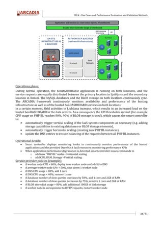 D2.4 - Use Cases and Performance Evaluation and Validation Methods
28 / 51
Operations phase:
During normal operation, the 6onDASHBOARD application is running on both locations, and the
service requests are equally distributed between the primary location in Ljubljana and the secondary
location in Rimini. The MySQL databases and the BLOB storage on both locations continuously sync.
The ARCADIA framework continuously monitors availability and performance of the hosting
infrastructure as well as of the hosted 6onDASHBOARD services on both locations.
In a certain moment, field activities in Ljubljana increase, which results in an increased load on the
hosted 6onDASHBOARD in the data centres. As a consequence the KPI thresholds are met (for example
CPU usage on PHP BL reaches 80%, 90% of BLOB storage is used), which causes the smart controller
to:
 automatically trigger vertical scaling of the IaaS system components as necessary (e.g. adding
storage capabilities to existing databases or BLOB storage elements),
 automatically trigger horizontal scaling (creating new PHP BL instances),
 update the DNS entries to ensure balancing of the requests between all PHP BL instances.
Operational details:
 Smart controller deploys monitoring hooks to continuously monitor performance of the hosted
applications and the provided OpenStack IaaS resources: monitoring performance KPIs
 When application performance degradation is detected, smart controller issues commands to
o add new “PHP BL” nodes–Horizontal scaling
o add CPU, RAM, Storage –Vertical scaling
Service provider policies (example):
 if worker node CPU > 60%, deploy new worker node and add it to DNS
 if average worker node CPU < 50%, shut down 1 worker node
 if DNS CPU usage > 80%, add 1 core
 if DNS CPU usage < 40%, remove 1 core
 if database number of slow queries increases by 50%, add 1 core and 2GB of RAM
 if database number of slow queries decreases by 75%, remove 1 core and 2GB of RAM
 if BLOB store disk usage > 80%, add additional 100GB of disk storage
 if worker node is unresponsive to HTTP requests, restart worker node
 