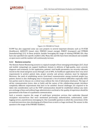 D2.4 - Use Cases and Performance Evaluation and Validation Methods
36 / 51
Figure 14: FIWARE IoT Stack
FI-PPP has also supported some use case projects in several important domains such as FI-STAR
(healthcare), SAFECITY (smart city), FINESCE (smart energy), FINEST (transport) and FITMAN
(manufacturing) [11]. In these projects, besides leveraging the usage of existing FIWARE GEs, they
have also specified new specific enablers (SE). Many GEs and SEs have been introduced and available
as open source and the number will continuously increase.
4.2.2 Business scenarios
The Remote Patient Monitoring scenario is a typical example of how emerging technologies (IoT, cloud
and mobile computing) can support healthcare domain to delivery of high-quality, more accurate
diagnosis and treatment. In this application, patients’ vital health parameters are securely collected,
stored on the cloud and given access through a set of APIs. As healthcare applications have very strict
requirements to protect patient data, proper security and privacy solutions must be deployed.
Moreover, the need of establishing secure (real-time) communication among involved people (e.g.
patient, doctor) is also challenging since it incorporates a lot of technical difficulties especially when
two parties want to discuss on a critical issue without the risk of information disclosure. The type of
ad-hoc communication (voice, data or both) and the nature of the collaborating people introduce
completely different requirements that have to be satisfied. Several challenges are required to be
taken into consideration such as the VOIP communication should be established without any static
pre-exchange of keys and without huge administrative overhead or the quality of experience should be
guaranteed in the frame of a qualitative communication.
Such a scenario requires the usage of multi-layer protection services that undertake (beyond
encryption microservices that were mentioned previously) authentication, authorization, audit-
logging service, asynchronous messaging etc. One reasonable question is which the cornerstone of the
re-used microservices since developing all of them from scratch is a huge overhead. The answer to this
question is the usage of the FIWARE ‘Enablers’.
 