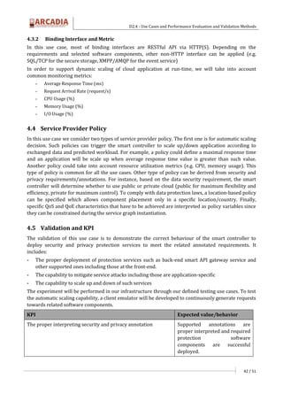 D2.4 - Use Cases and Performance Evaluation and Validation Methods
42 / 51
4.3.2 Binding Interface and Metric
In this use case, most of binding interfaces are RESTful API via HTTP(S). Depending on the
requirements and selected software components, other non-HTTP interface can be applied (e.g.
SQL/TCP for the secure storage, XMPP/AMQP for the event service)
In order to support dynamic scaling of cloud application at run-time, we will take into account
common monitoring metrics:
- Average Response Time (ms)
- Request Arrival Rate (request/s)
- CPU Usage (%)
- Memory Usage (%)
- I/O Usage (%)
4.4 Service Provider Policy
In this use case we consider two types of service provider policy. The first one is for automatic scaling
decision. Such policies can trigger the smart controller to scale up/down application according to
exchanged data and predicted workload. For example, a policy could define a maximal response time
and an application will be scale up when average response time value is greater than such value.
Another policy could take into account resource utilization metrics (e.g. CPU, memory usage). This
type of policy is common for all the use cases. Other type of policy can be derived from security and
privacy requirements/annotations. For instance, based on the data security requirement, the smart
controller will determine whether to use public or private cloud (public for maximum flexibility and
efficiency, private for maximum control). To comply with data protection laws, a location-based policy
can be specified which allows component placement only in a specific location/country. Finally,
specific QoS and QoE characteristics that have to be achieved are interpreted as policy variables since
they can be constrained during the service graph instantiation.
4.5 Validation and KPI
The validation of this use case is to demonstrate the correct behaviour of the smart controller to
deploy security and privacy protection services to meet the related annotated requirements. It
includes:
- The proper deployment of protection services such as back-end smart API gateway service and
other supported ones including those at the front-end.
- The capability to mitigate service attacks including those are application-specific
- The capability to scale up and down of such services
The experiment will be performed in our infrastructure through our defined testing use cases. To test
the automatic scaling capability, a client emulator will be developed to continuously generate requests
towards related software components.
KPI Expected value/behavior
The proper interpreting security and privacy annotation Supported annotations are
proper interpreted and required
protection software
components are successful
deployed.
 