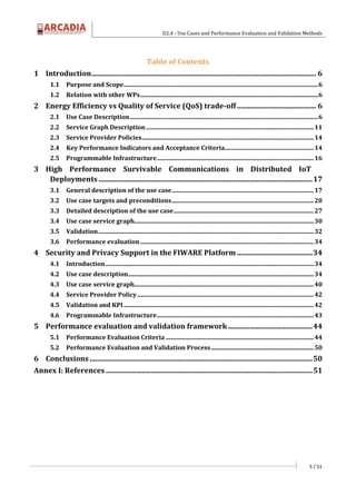 D2.4 - Use Cases and Performance Evaluation and Validation Methods
5 / 51
Table of Contents
1 Introduction............................................................................................................................. 6
1.1 Purpose and Scope.................................................................................................................................6
1.2 Relation with other WPs......................................................................................................................6
2 Energy Efficiency vs Quality of Service (QoS) trade-off............................................ 6
2.1 Use Case Description.............................................................................................................................6
2.2 Service Graph Description...............................................................................................................11
2.3 Service Provider Policies..................................................................................................................14
2.4 Key Performance Indicators and Acceptance Criteria...........................................................14
2.5 Programmable Infrastructure........................................................................................................16
3 High Performance Survivable Communications in Distributed IoT
Deployments .......................................................................................................................17
3.1 General description of the use case..............................................................................................17
3.2 Use case targets and preconditions..............................................................................................20
3.3 Detailed description of the use case.............................................................................................27
3.4 Use case service graph.......................................................................................................................30
3.5 Validation...............................................................................................................................................32
3.6 Performance evaluation...................................................................................................................34
4 Security and Privacy Support in the FIWARE Platform ..........................................34
4.1 Introduction..........................................................................................................................................34
4.2 Use case description...........................................................................................................................34
4.3 Use case service graph.......................................................................................................................40
4.4 Service Provider Policy.....................................................................................................................42
4.5 Validation and KPI..............................................................................................................................42
4.6 Programmable Infrastructure........................................................................................................43
5 Performance evaluation and validation framework...............................................44
5.1 Performance Evaluation Criteria ..................................................................................................44
5.2 Performance Evaluation and Validation Process....................................................................50
6 Conclusions ............................................................................................................................50
Annex I: References ...................................................................................................................51
 