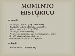 
» no mundo
 Revolução Gloriosa (Inglaterra, 1688);
 Revolução Industrial (Inglaterra, 1760);
 Independência dos EUA (1776);
 Revolução Francesa (1789);
 Progressivo descrédito das monarquias absolutas;
 decadência da aristocracia feudal;
 crescimento do poder da burguesia.
» no Brasil
 Inconfidência Mineira (1789).
MOMENTO
HISTÓRICO
 