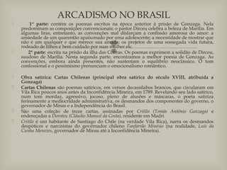 
       1ª parte: contém os poemas escritos na época anterior à prisão de Gonzaga. Nela
predominam as composições convencionais: o pastor Dirceu celebra a beleza de Marília. Em
algumas liras, entretanto, as convenções mal disfarçam a confissão amorosa do amor: a
ansiedade de um quarentão apaixonado por uma adolescente; a necessidade de mostrar que
não é um qualquer e que merece sua amada; os projetos de uma sossegada vida futura,
rodeado de filhos e bem cuidado por suas mulher etc.
       2ª parte: escrita na prisão da ilha das Cobras. Os poemas exprimem a solidão de Dirceu,
saudoso de Marília. Nesta segunda parte, encontramos a melhor poesia de Gonzaga. As
convenções, embora ainda presentes, não sustentam o equilíbrio neoclássico. O tom
confessional e o pessimismo prenunciam o emocionalismo romântico.
 Obra satírica: Cartas Chilenas (principal obra satírica do século XVIII, atribuída a
Gonzaga)
 Cartas Chilenas são poemas satíricos, em versos decassílabos brancos, que circularam em
Vila Rica poucos anos antes da Inconfidência Mineira, em 1789. Revelando seu lado satírico,
num tom mordaz, agressivo, jocoso, pleno de alusões e máscaras, o poeta satiriza
ferinamente a mediocridade administrativa, os desmandos dos componentes do governo, o
governador de Minas e a Independência do Brasil.
 São uma coleção de treze cartas, assinadas por Critilo (Tomás Antônio Gonzaga) e
endereçadas a Doroteu (Cláudio Manuel da Costa), residente em Madri.
 Critilo é um habitante de Santiago do Chile (na verdade Vila Rica), narra os desmandos
despóticos e narcisistas do governador chileno Fanfarrão Minésio (na realidade, Luís da
Cunha Menezes, governador de Minas até a Inconfidência Mineira).
ARCADISMO NO BRASIL
 