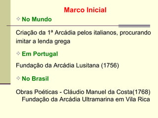 Marco Inicial No Mundo Criação da 1ª Arcádia pelos italianos, procurando  imitar a lenda grega   Em Portugal Fundação da Arcádia Lusitana (1756)   No Brasil Obras Poéticas - Cláudio Manuel da Costa(1768)  Fundação da Arcádia Ultramarina em Vila Rica  