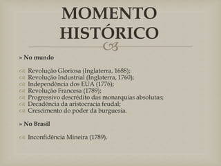 » No mundo








MOMENTO
HISTÓRICO


Revolução Gloriosa (Inglaterra, 1688);
Revolução Industrial (Inglaterra, 1760);
Independência dos EUA (1776);
Revolução Francesa (1789);
Progressivo descrédito das monarquias absolutas;
Decadência da aristocracia feudal;
Crescimento do poder da burguesia.

» No Brasil
 Inconfidência Mineira (1789).

 