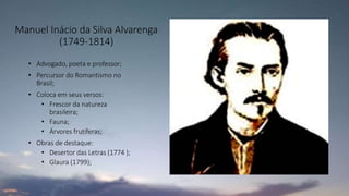 Manuel Inácio da Silva Alvarenga
(1749-1814)
• Advogado, poeta e professor;
• Percursor do Romantismo no
Brasil;
• Coloca em seus versos:
• Frescor da natureza
brasileira;
• Fauna;
• Árvores frutíferas;
• Obras de destaque:
• Desertor das Letras (1774 );
• Glaura (1799);
 