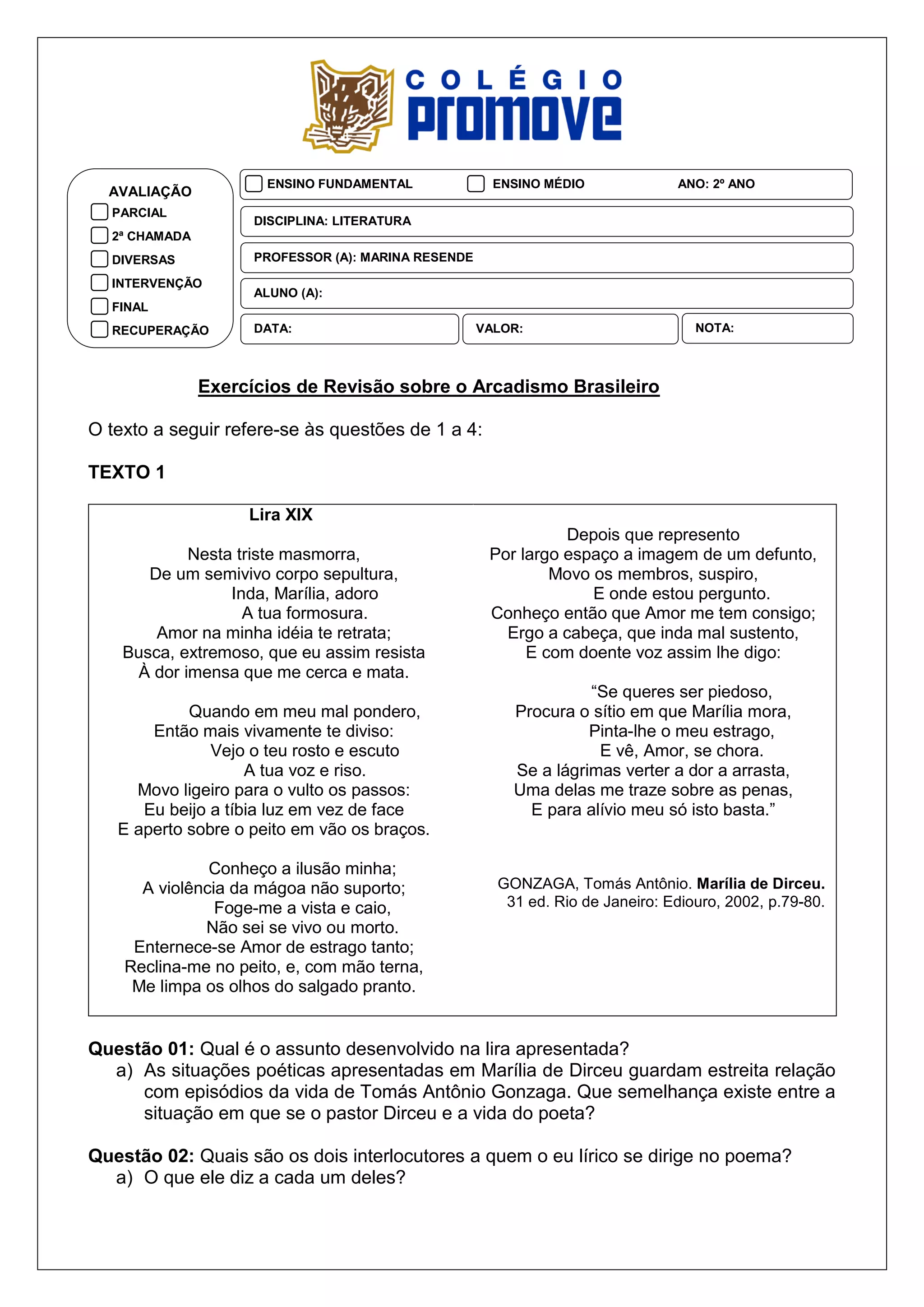 Questões Sobre O Arcadismo - FDPLEARN