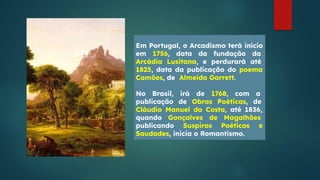 Em Portugal, o Arcadismo terá início
em 1756, data da fundação da
Arcádia Lusitana, e perdurará até
1825, data da publicação do poema
Camões, de Almeida Garrett.
No Brasil, irá de 1768, com a
publicação de Obras Poéticas, de
Cláudio Manuel da Costa, até 1836,
quando Gonçalves de Magalhães
publicando Suspiros Poéticos e
Saudades, inicia o Romantismo.
 