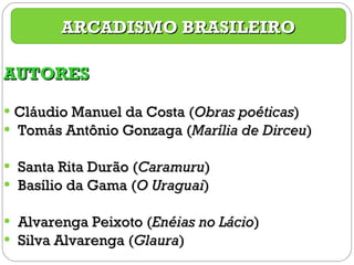 AUTORES Cláudio Manuel da Costa ( Obras poéticas )  Tomás Antônio Gonzaga ( Marília de Dirceu ) Santa Rita Durão ( Caramuru ) Basílio da Gama ( O Uraguai ) Alvarenga Peixoto ( Enéias no Lácio ) Silva Alvarenga ( Glaura ) ARCADISMO BRASILEIRO 