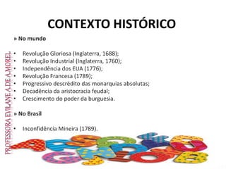 CONTEXTO HISTÓRICO
» No mundo
• Revolução Gloriosa (Inglaterra, 1688);
• Revolução Industrial (Inglaterra, 1760);
• Independência dos EUA (1776);
• Revolução Francesa (1789);
• Progressivo descrédito das monarquias absolutas;
• Decadência da aristocracia feudal;
• Crescimento do poder da burguesia.
» No Brasil
• Inconfidência Mineira (1789).
 