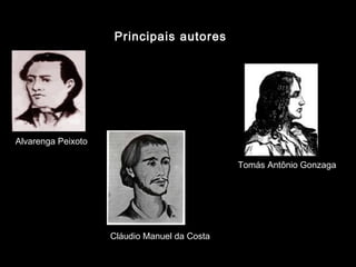 Principais autores 
Alvarenga Peixoto 
Cláudio Manuel da Costa 
Tomás Antônio Gonzaga 
 