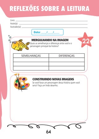 64
Data: ____/____/____
MERGULHANDO NA IMAGEM
Quais as semelhanças e diferenças entre você e o
personagem principal da história?
Se você fosse um personagem dessa história quem você
seria? Faça um lindo desenho.
Livro:
Autor(a):
Ilustrador(a):
22
SEMELHANÇAS DIFERENÇAS
REFLEXÕES SOBRE A LEITURA
CONSTRUINDO NOVAS IMAGENS
 