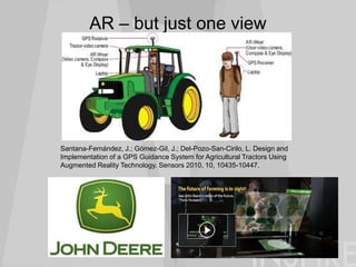 AR – but just one view
Santana-Fernández, J.; Gómez-Gil, J.; Del-Pozo-San-Cirilo, L. Design and
Implementation of a GPS Guidance System for Agricultural Tractors Using
Augmented Reality Technology. Sensors 2010, 10, 10435-10447.
 