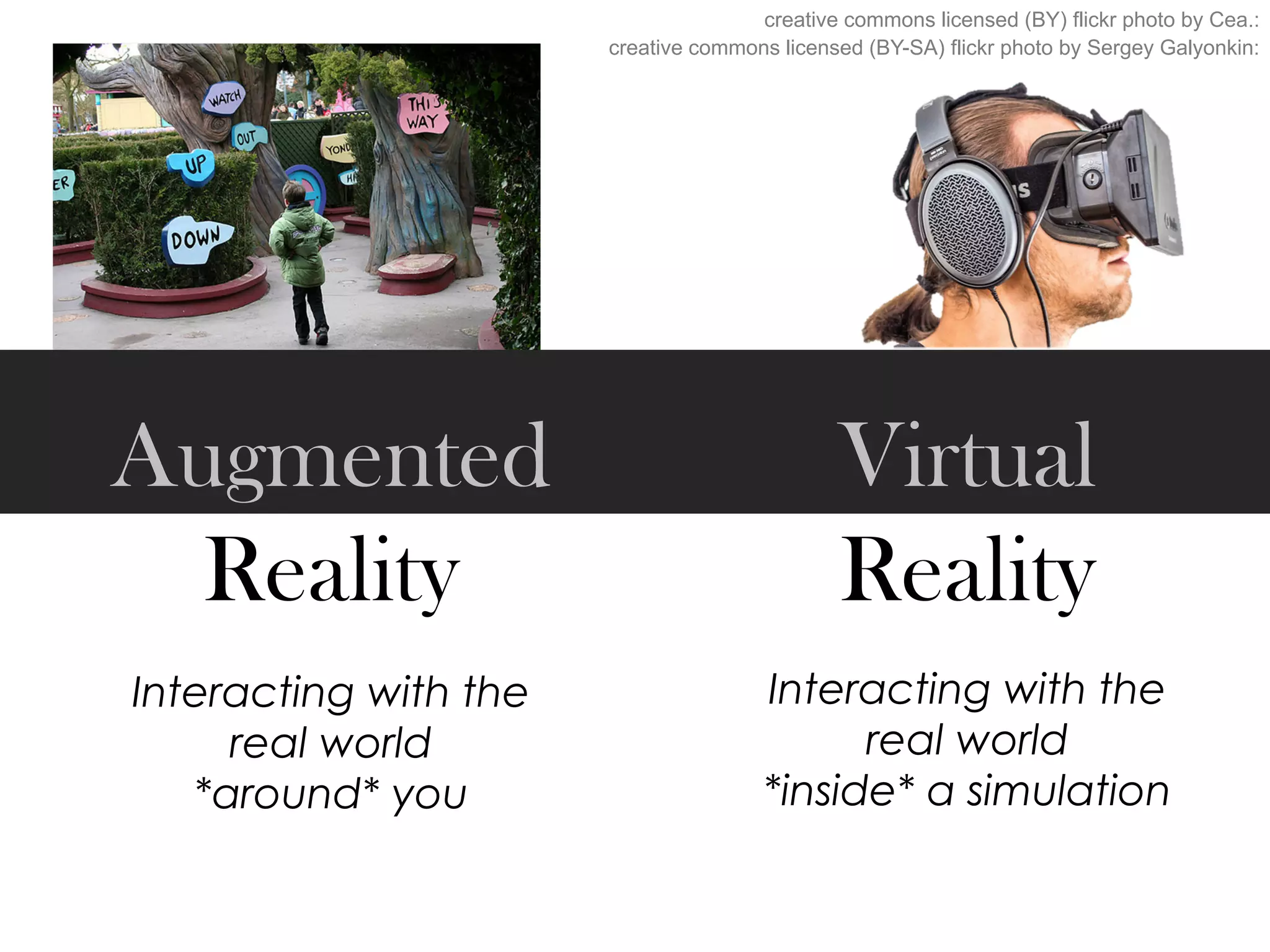 Augmented
Reality
Virtual
Reality
Interacting with the
real world
*around* you
Interacting with the
real world
*inside* a simulation
creative commons licensed (BY) flickr photo by Cea.:
creative commons licensed (BY-SA) flickr photo by Sergey Galyonkin: