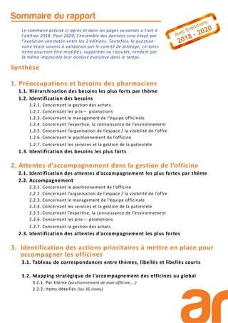 Sommaire du rapport
Le sommaire précisé ci-après et dans les pages suivantes a trait à
l’édition 2018. Pour 2020, l’ensemble des données sera étayé par
l’évolution constatée entre les 2 éditions. Toutefois, le question-
naire étant soumis à validation par le comité de pilotage, certains
items pourront être modifiés, supprimés ou rajoutés, rendant par
là même impossible leur analyse évolutive dans le temps.
Synthèse
1. Préoccupations et besoins des pharmaciens
1.1. Hiérarchisation des besoins les plus forts par thème
1.2. Identification des besoins
1.2.1. Concernant la gestion des achats
1.2.2. Concernant les prix – promotions
1.2.3. Concernant le management de l’équipe officinale
1.2.4. Concernant l’expertise, la connaissance de l’environnement
1.2.5. Concernant l’organisation de l’espace / la visibilité de l’offre
1.2.6. Concernant le positionnement de l’officine
1.2.7. Concernant les services et la gestion de la patientèle
1.3. Identification des besoins les plus forts
2. Attentes d’accompagnement dans la gestion de l’officine
2.1. Identification des attentes d’accompagnement les plus fortes par thème
2.2. Accompagnement
2.2.1. Concernant le positionnement de l’officine
2.2.2. Concernant l’organisation de l’espace / la visibilité de l’offre
2.2.3. Concernant le management de l’équipe officinale
2.2.4. Concernant les services et la gestion de la patientèle
2.2.5. Concernant l’expertise, la connaissance de l’environnement
2.2.6. Concernant les prix – promotions
2.2.7. Concernant la gestion des achats
2.3. Identification des attentes d’accompagnement les plus fortes
3. Identification des actions prioritaires à mettre en place pour
accompagner les officines
3.1. Tableau de correspondances entre thèmes, libellés et libellés courts
3.2. Mapping stratégique de l’accompagnement des officines au global
3.2.1. Par thème (positionnement de mon officine,...)
3.2.2. Items détaillés (les 35 items)
 