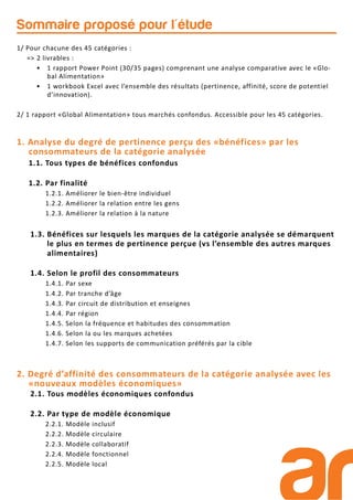 Sommaire proposé pour l'étude
1. Analyse du degré de pertinence perçu des «bénéfices» par les
consommateurs de la catégorie analysée
1.1. Tous types de bénéfices confondus
1.2. Par finalité
1.2.1. Améliorer le bien-être individuel
1.2.2. Améliorer la relation entre les gens
1.2.3. Améliorer la relation à la nature
1.3. Bénéfices sur lesquels les marques de la catégorie analysée se démarquent
le plus en termes de pertinence perçue (vs l’ensemble des autres marques
alimentaires)
1.4. Selon le profil des consommateurs
1.4.1. Par sexe
1.4.2. Par tranche d’âge
1.4.3. Par circuit de distribution et enseignes
1.4.4. Par région
1.4.5. Selon la fréquence et habitudes des consommation
1.4.6. Selon la ou les marques achetées
1.4.7. Selon les supports de communication préférés par la cible
2. Degré d’affinité des consommateurs de la catégorie analysée avec les
«nouveaux modèles économiques»
2.1. Tous modèles économiques confondus
2.2. Par type de modèle économique
2.2.1. Modèle inclusif
2.2.2. Modèle circulaire
2.2.3. Modèle collaboratif
2.2.4. Modèle fonctionnel
2.2.5. Modèle local
1/ Pour chacune des 45 catégories :
=> 2 livrables :
• 1 rapport Power Point (30/35 pages) comprenant une analyse comparative avec le «Glo-
bal Alimentation»
• 1 workbook Excel avec l’ensemble des résultats (pertinence, affinité, score de potentiel
d’innovation).
2/ 1 rapport «Global Alimentation» tous marchés confondus. Accessible pour les 45 catégories.
 