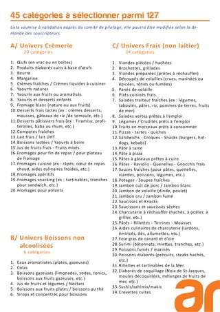 A/ Univers Crèmerie
20 catégories
1. Œufs (en vrac ou en boîtes)
2. Produits élaborés cuits à base d’œufs
3. Beurre
4. Margarine
5. Crèmes fraîches / Crèmes liquides à cuisiner
6. Yaourts natures
7. Yaourts aux fruits ou aromatisés
8. Yaourts et desserts enfants
9. Fromage blanc (nature ou aux fruits)
10.Desserts frais lactés (ex : crèmes desserts,
mousses, gâteaux de riz /de semoule, etc.)
11.Desserts pâtissiers frais (ex : Tiramisu, profi-
terolles, baba au rhum, etc.)
12.Compotes fraîches
13.Lait frais / lait UHT
14.Boissons lactées / Yaourts à boire
15.Jus de fruits frais - Fruits mixés
16.Fromages pour fin de repas / pour plateau
de fromage
17.Fromages cuisine (ex : râpés, cœur de repas
chaud, aides culinaires froides, etc.)
18.Fromages apéritifs
19.Fromages snacking (ex : tartinables, tranches
pour sandwich, etc.)
20.Fromages pour enfants
C/ Univers Frais (non laitier)
34 catégories
1. Viandes piécées / hachées
2. Brochettes, grillades
3. Viandes préparées (prêtes à réchauffer)
4. Découpés de volailles (crues, marinées ou
épicées, rôties ou fumées)
5. Panés de volaille
6. Plats cuisinés frais
7. Salades traiteur fraîches (ex : légumes,
taboulés, pâtes, riz, pommes de terres, fruits
de mer)
8. Salades vertes prêtes à l’emploi
9. Légumes / Crudités prêts à l’emploi
10.Fruits en morceaux prêts à consommer
11.Pizzas - tartes - quiches
12.Sandwichs - Croques - Snacks (burgers, hot-
dogs, kebabs)
13.Pâte à tarte
14.Pâte à pizza
15.Pâtes à gâteaux prêtes à cuire
16.Pâtes - Raviolis - Quenelles - Gnocchis frais
17.Sauces fraîches (pour pâtes, quenelles,
viandes, poissons, légumes, etc.)
18.Potages - Soupes fraîches
19.Jambon cuit de porc / Jambon blanc
20.Jambon de volaille (dinde, poulet)
21.Jambon cru / Jambon fumé
22.Saucisses et Knacks
23.Saucissons et saucisses sèches
24.Charcuterie à réchauffer (hachés, à poêler, à
griller, etc.)
25.Pâtés - Rillettes - Terrines - Mousses
26.Aides culinaires de charcuterie (lardons,
émincés, dés, allumettes, etc.)
27.Foie gras de canard et d’oie
28.Surimi (bâtonnets, miettes, tranches, etc.)
29.Poissons fumés / marinés
30.Poissons élaborés (précuits, steaks hachés,
etc.)
31.Rillettes et tartinables de la Mer
32.Elaborés de coquillage (Noix de St-Jacques,
moules décoquillées, mélanges de fruits de
mer, etc.)
33.Sushis/sahimis/makis
34.Crevettes cuites
45 catégories à sélectionner parmi 127
B/ Univers Boissons non
alcoolisées
6 catégories
1. Eaux aromatisées (plates, gazeuses)
2. Colas
3. Boissons gazeuses (limonades, sodas, tonics,
boissons aux fruits gazeuses, etc.)
4. Jus de fruits et légumes / Nectars
5. Boissons aux fruits plates / boissons au thé
6. Sirops et concentrés pour boissons
Liste soumise à validation auprès du comité de pilotage, elle pourra être modifiée selon la de-
mande des souscripteurs.
 