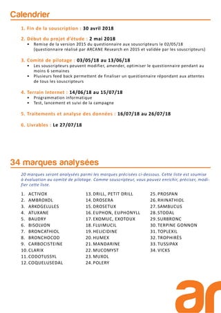 1. Fin de la souscription : 30 avril 2018
2. Début du projet d’étude : 2 mai 2018
• Remise de la version 2015 du questionnaire aux souscripteurs le 02/05/18
(questionnaire réalisé par ARCANE Research en 2015 et validée par les souscripteurs)
3. Comité de pilotage : 03/05/18 au 13/06/18
• Les souscripteurs peuvent modifier, amender, optimiser le questionnaire pendant au
moins 6 semaines
• Plusieurs feed back permettent de finaliser un questionnaire répondant aux attentes
de tous les souscripteurs
4. Terrain Internet : 14/06/18 au 15/07/18
• Programmation informatique
• Test, lancement et suivi de la campagne
5. Traitements et analyse des données : 16/07/18 au 26/07/18
6. Livrables : Le 27/07/18
Calendrier
34 marques analysées
1. ACTIVOX
2. AMBROXOL
3. ARKOGELULES
4. ATUXANE
5. BAUDRY
6. BISOLVON
7. BRONCATHIOL
8. BRONCHOCOD
9. CARBOCISTEINE
10. CLARIX
11. CODOTUSSYL
12. COQUELUSEDAL
13. DRILL, PETIT DRILL
14. DROSERA
15. DROSETUX
16. EUPHON, EUPHONYLL
17. EXOMUC, EXOTOUX
18. FLUIMUCIL
19. HELICIDINE
20. HUMEX
21. MANDARINE
22. MUCOMYST
23. MUXOL
24. POLERY
25. PROSPAN
26. RHINATHIOL
27. SAMBUCUS
28. STODAL
29. SURBRONC
30. TERPINE GONNON
31. TOPLEXIL
32. TROPHIRÈS
33. TUSSIPAX
34. VICKS
20 marques seront analysées parmi les marques précisées ci-dessous. Cette liste est soumise
à évaluation au comité de pilotage. Comme souscripteur, vous pouvez enrichir, préciser, modi-
fier cette liste.
 