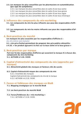 2.3. Les marques les plus conseillées par les pharmaciens en automédication
(par type de symptômes)
2.3.1. Les marques les plus conseillées dans le cadre d’une toux sèche
2.3.2. Les marques les plus conseillées dans le cadre d’une toux grasse
2.3.3. Les marques les plus conseillées dans le cadre d’une toux aigüe
2.3.4. Les marques les plus conseillées dans le cadre d’une toux chronique
3. Influence des composants du mix-marketing
3.1. Les composants du mix les plus influents aux yeux des responsables d’offi-
cine
3.2. Les composants du mix les moins influents aux yeux des responsables d’of-
ficine
4. Best-practices du marché
Les marques les plus associées par les responsables d’officine à :
(les 33 critères sont évalués)
4.1. «Un prix d’achat permettant de proposer des prix publics attractifs»
à 4.33. « Un produit agissant à la fois sur la toux sèche et la toux grasse »
5. Best-practices par marque
Part (en %) des responsables d’officine qui associent la marque X à chacun des
composants du mix-marketing
5.1. ACTIVOX à 5.34. VICKS
6. Capital d’attractivité des composants du mix (approche par
marque)
6.1. Attractivité globale des marques et facteurs clés de succès
6.2. Capital d’attractivité moyen des composants du mix
6.2.1. Ensemble des marques
Capital d’attractivité des composants du mix de la marque
6.2.2. ACTIVOX à 6.2.35. VICKS
7. Forces et faiblesses des marques en BtoB
7.1. Mapping stratégique sur le marché BtoB
7.2. Les best-practices du marché BtoB
7.3. Forces/Faiblesses du « mix-marketing »
7.3.1. ACTIVOX à 7.3.34. VICKS
 