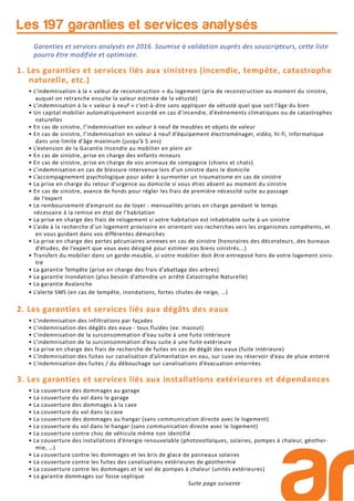 1. Les garanties et services liés aux sinistres (incendie, tempête, catastrophe
naturelle, etc.)
• L’indemnisation à la « valeur de reconstruction » du logement (prix de reconstruction au moment du sinistre,
auquel on retranche ensuite la valeur estimée de la vétusté)
• L’indemnisation à la « valeur à neuf » c’est-à-dire sans appliquer de vétusté quel que soit l’âge du bien
• Un capital mobilier automatiquement accordé en cas d’incendie, d’événements climatiques ou de catastrophes
naturelles
• En cas de sinistre, l’indemnisation en valeur à neuf de meubles et objets de valeur
• En cas de sinistre, l’indemnisation en valeur à neuf d’équipement électroménager, vidéo, hi-fi, informatique
dans une limite d’âge maximum (jusqu’à 5 ans)
• L’extension de la Garantie Incendie au mobilier en plein air
• En cas de sinistre, prise en charge des enfants mineurs
• En cas de sinistre, prise en charge de vos animaux de compagnie (chiens et chats)
• L’indemnisation en cas de blessure intervenue lors d’un sinistre dans le domicile
• L’accompagnement psychologique pour aider à surmonter un traumatisme en cas de sinistre
• La prise en charge du retour d’urgence au domicile si vous étiez absent au moment du sinistre
• En cas de sinistre, avance de fonds pour régler les frais de première nécessité suite au passage
de l’expert
• Le remboursement d’emprunt ou de loyer : mensualités prises en charge pendant le temps
nécessaire à la remise en état de l’habitation
• La prise en charge des frais de relogement si votre habitation est inhabitable suite à un sinistre
• L’aide à la recherche d’un logement provisoire en orientant vos recherches vers les organismes compétents, et
en vous guidant dans vos différentes démarches
• La prise en charge des pertes pécuniaires annexes en cas de sinistre (honoraires des décorateurs, des bureaux
d’études, de l’expert que vous avez désigné pour estimer vos biens sinistrés...)
• Transfert du mobilier dans un garde-meuble, si votre mobilier doit être entreposé hors de votre logement sinis-
tré
• La garantie Tempête (prise en charge des frais d’abattage des arbres)
• La garantie Inondation (plus besoin d’attendre un arrêté Catastrophe Naturelle)
• La garantie Avalanche
• L’alerte SMS (en cas de tempête, inondations, fortes chutes de neige, …)
2. Les garanties et services liés aux dégâts des eaux
• L’indemnisation des infiltrations par façades
• L’indemnisation des dégâts des eaux - tous fluides (ex: mazout)
• L’indemnisation de la surconsommation d’eau suite à une fuite intérieure
• L’indemnisation de la surconsommation d’eau suite à une fuite extérieure
• La prise en charge des frais de recherche de fuites en cas de dégât des eaux (fuite intérieure)
• L’indemnisation des fuites sur canalisation d’alimentation en eau, sur cuve ou réservoir d’eau de pluie enterré
• L’indemnisation des fuites / du débouchage sur canalisations d’évacuation enterrées
3. Les garanties et services liés aux installations extérieures et dépendances
• La couverture des dommages au garage
• La couverture du vol dans le garage
• La couverture des dommages à la cave
• La couverture du vol dans la cave
• La couverture des dommages au hangar (sans communication directe avec le logement)
• La couverture du vol dans le hangar (sans communication directe avec le logement)
• La couverture contre choc de véhicule même non identifié
• La couverture des installations d’énergie renouvelable (photovoltaïques, solaires, pompes à chaleur, géother-
mie, …)
• La couverture contre les dommages et les bris de glace de panneaux solaires
• La couverture contre les fuites des canalisations extérieures de géothermie
• La couverture contre les dommages et le vol de pompes à chaleur (unités extérieures)
• La garantie dommages sur fosse septique
Suite page suivante
Les 197 garanties et services analysés
Garanties et services analysés en 2016. Soumise à validation auprès des souscripteurs, cette liste
pourra être modifiée et optimisée.
 