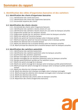 1. Identification des cibles d’organismes bancaires et des switchers
1.1. Identification des clients d’organismes bancaires
1.1.1. Identification des clients bancaires
1.1.2. Identification des clients des organismes bancaires
1.1.3. Ancienneté moyenne des clients
1.2. Identification des clients récents
1.2.1. Ancienneté des clients selon l’organisme bancaire
1.2.2. Identification des switchers récents (moins d’1 an)
1.2.3. Identification des switchers récents (moins d’1 an) selon les banques actuelles
1.2.3. Organismes quittés par les switchers récents
1.2.4. Organismes quittés par les switchers récents selon les banques actuelles
1.2.5. Motifs de switch de l’ancienne banque
1.2.6. Motifs de switch de l’ancienne banque selon la banque quittée
1.2.7. Motif principal de switch de l’ancienne banque selon la banque quittée
1.2.8. Motifs de sélection de la nouvelle banque
1.2.9. Motifs de sélection de la nouvelle banque selon les banques actuelles
1.2.10. Motif principal de sélection de la nouvelle banque selon les banques actuelles
1.3. Identification des switchers potentiels
1.3.1. Identification des switchers potentiels
1.3.2. Identification des switchers potentiels selon les banques actuelles
1.3.3. Qualification des switchers potentiels
1.3.4. Banque envisagée par les switchers potentiels
1.3.5. Banque envisagée par les switchers potentiels selon les banques actuelles
1.3.6. Banque potentiellement quittée par les switchers totaux
1.3.7. Motifs de switch envisagé de la banque
1.3.8. Motifs de switch envisagé de la banque selon la banque quittée potentiellement
1.3.8. Motif principal de switch envisagé de la banque selon la banque quittée potentiel-
lement
1.3.9. Motifs de sélection de la banque envisagée
1.3.10. Motifs de sélection de la banque envisagée selon la banque envisagée
1.3.11. Motif principal de sélection de la banque envisagée selon la banque envisagée
1.3.12. Motifs de rétention des clients
1.3.13. Motifs de rétention des clients selon les banques actuelles
1.3.14. Répartition des clients d’organismes bancaires
Sommaire du rapport
 