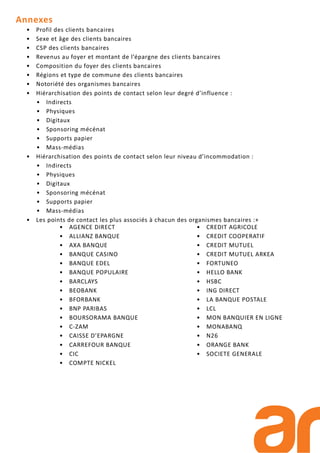 Annexes
• Profil des clients bancaires
• Sexe et âge des clients bancaires
• CSP des clients bancaires
• Revenus au foyer et montant de l’épargne des clients bancaires
• Composition du foyer des clients bancaires
• Régions et type de commune des clients bancaires
• Notoriété des organismes bancaires
• Hiérarchisation des points de contact selon leur degré d’influence :
• Indirects
• Physiques
• Digitaux
• Sponsoring mécénat
• Supports papier
• Mass-médias
• Hiérarchisation des points de contact selon leur niveau d’incommodation :
• Indirects
• Physiques
• Digitaux
• Sponsoring mécénat
• Supports papier
• Mass-médias
• Les points de contact les plus associés à chacun des organismes bancaires :+
• AGENCE DIRECT
• ALLIANZ BANQUE
• AXA BANQUE
• BANQUE CASINO
• BANQUE EDEL
• BANQUE POPULAIRE
• BARCLAYS
• BEOBANK
• BFORBANK
• BNP PARIBAS
• BOURSORAMA BANQUE
• C-ZAM
• CAISSE D’EPARGNE
• CARREFOUR BANQUE
• CIC
• COMPTE NICKEL
• CREDIT AGRICOLE
• CREDIT COOPERATIF
• CREDIT MUTUEL
• CREDIT MUTUEL ARKEA
• FORTUNEO
• HELLO BANK
• HSBC
• ING DIRECT
• LA BANQUE POSTALE
• LCL
• MON BANQUIER EN LIGNE
• MONABANQ
• N26
• ORANGE BANK
• SOCIETE GENERALE
 