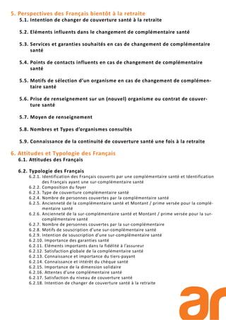 5. Perspectives des Français bientôt à la retraite
5.1. Intention de changer de couverture santé à la retraite
5.2. Eléments influents dans le changement de complémentaire santé
5.3. Services et garanties souhaités en cas de changement de complémentaire
santé
5.4. Points de contacts influents en cas de changement de complémentaire
santé
5.5. Motifs de sélection d’un organisme en cas de changement de complémen-
taire santé
5.6. Prise de renseignement sur un (nouvel) organisme ou contrat de couver-
ture santé
5.7. Moyen de renseignement
5.8. Nombres et Types d’organismes consultés
5.9. Connaissance de la continuité de couverture santé une fois à la retraite
6. Attitudes et Typologie des Français
6.1. Attitudes des Français
6.2. Typologie des Français
6.2.1. Identification des Français couverts par une complémentaire santé et Identification
des Français ayant une sur-complémentaire santé
6.2.2. Composition du foyer
6.2.3. Type de couverture complémentaire santé
6.2.4. Nombre de personnes couvertes par la complémentaire santé
6.2.5. Ancienneté de la complémentaire santé et Montant / prime versée pour la complé-
mentaire santé
6.2.6. Ancienneté de la sur-complémentaire santé et Montant / prime versée pour la sur-
complémentaire santé
6.2.7. Nombre de personnes couvertes par la sur-complémentaire
6.2.8. Motifs de souscription d’une sur-complémentaire santé
6.2.9. Intention de souscription d’une sur-complémentaire santé
6.2.10. Importance des garanties santé
6.2.11. Eléments importants dans la fidélité à l’assureur
6.2.12. Satisfaction globale de la complémentaire santé
6.2.13. Connaissance et importance du tiers-payant
6.2.14. Connaissance et intérêt du chèque santé
6.2.15. Importance de la dimension solidaire
6.2.16. Attentes d’une complémentaire santé
6.2.17. Satisfaction du niveau de couverture santé
6.2.18. Intention de changer de couverture santé à la retraite
 