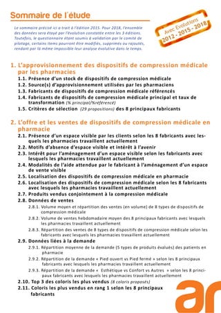 Le sommaire précisé ici a trait à l’édition 2015. Pour 2018, l’ensemble
des données sera étayé par l’évolution constatée entre les 3 éditions.
Toutefois, le questionnaire étant soumis à validation par le comité de
pilotage, certains items pourront être modifiés, supprimés ou rajoutés,
rendant par là même impossible leur analyse évolutive dans le temps.
Sommaire de l'étude
1. L’approvisionnement des dispositifs de compression médicale
par les pharmacies
1.1. Présence d’un stock de dispositifs de compression médicale
1.2. Source(s) d’approvisionnement utilisées par les pharmaciens
1.3. Fabricants de dispositifs de compression médicale référencés
1.4. Fabricants de dispositifs de compression médicale principal et taux de
transformation (% principal/%référencé)
1.5. Critères de sélection (29 propositions) des 8 principaux fabricants
2. L’offre et les ventes de dispositifs de compression médicale en
pharmacie
2.1. Présence d’un espace visible par les clients selon les 8 fabricants avec les-
quels les pharmacies travaillent actuellement
2.2. Motifs d’absence d’espace visible et intérêt à l’avenir
2.3. Intérêt pour l’aménagement d’un espace visible selon les fabricants avec
lesquels les pharmacies travaillent actuellement
2.4. Modalités de l’aide attendue par le fabricant à l’aménagement d’un espace
de vente visible
2.5. Localisation des dispositifs de compression médicale en pharmacie
2.6. Localisation des dispositifs de compression médicale selon les 8 fabricants
avec lesquels les pharmacies travaillent actuellement
2.7. Produits vendus conjointement à la compression médicale
2.8. Données de ventes
2.8.1. Volume moyen et répartition des ventes (en volume) de 8 types de dispositifs de
compression médicale
2.8.2. Volume de ventes hebdomadaire moyen des 8 principaux fabricants avec lesquels
les pharmacies travaillent actuellement
2.8.3. Répartition des ventes de 8 types de dispositifs de compression médicale selon les
fabricants avec lesquels les pharmacies travaillent actuellement
2.9. Données liées à la demande
2.9.1. Répartition moyenne de la demande (5 types de produits évalués) des patients en
pharmacie
2.9.2. Répartition de la demande « Pied ouvert vs Pied fermé » selon les 8 principaux
fabricants avec lesquels les pharmacies travaillent actuellement
2.9.3. Répartition de la demande « Esthétique vs Confort vs Autres » selon les 8 princi-
paux fabricants avec lesquels les pharmacies travaillent actuellement
2.10. Top 3 des coloris les plus vendus (8 coloris proposés)
2.11. Coloris les plus vendus en rang 1 selon les 8 principaux
fabricants
 