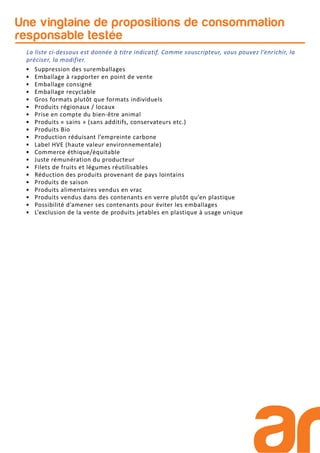 • Suppression des suremballages
• Emballage à rapporter en point de vente
• Emballage consigné
• Emballage recyclable
• Gros formats plutôt que formats individuels
• Produits régionaux / locaux
• Prise en compte du bien-être animal
• Produits « sains » (sans additifs, conservateurs etc.)
• Produits Bio
• Production réduisant l’empreinte carbone
• Label HVE (haute valeur environnementale)
• Commerce éthique/équitable
• Juste rémunération du producteur
• Filets de fruits et légumes réutilisables
• Réduction des produits provenant de pays lointains
• Produits de saison
• Produits alimentaires vendus en vrac
• Produits vendus dans des contenants en verre plutôt qu’en plastique
• Possibilité d’amener ses contenants pour éviter les emballages
• L’exclusion de la vente de produits jetables en plastique à usage unique
Une vingtaine de propositions de consommation
responsable testée
La liste ci-dessous est donnée à titre indicatif. Comme souscripteur, vous pouvez l’enrichir, la
préciser, la modifier.
 