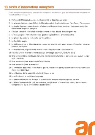 18 axes d'innovation analysés
1. L’efficacité thérapeutique du médicament à la dose la plus faible
2. La vitesse d’action : rapidité de la libération et de la dissolution de l’actif dans l’organisme
3. La durée d’action : maintien des effets du médicament sur plusieurs heures et réduction
du nombre de prises par jour
4. L’action ciblée et contrôlée du médicament au lieu désiré dans l’organisme
5. Le masquage de l’amertume ou du goût désagréable des principes actifs
6. Le plaisir du goût, la recherche sur les arômes
7. La facilité à avaler
8. Le délitement ou la désintégration rapide en bouche sans avoir besoin d’absorber simulta-
nément un liquide
9. Le nomadisme, la possibilité d’utilisation en tout lieu et à tout moment
10.L’aspect visuel du médicament (design, enrobage, couleurs, texture, etc.)
11.Une forme médicamenteuse d’origine strictement naturelle et garantie sans aucun compo-
sant chimique
12.Une forme adaptée aux enfants/nourrissons
13.Une forme adaptée aux seniors
14.La limitation des effets indésirables gastro-intestinaux et la prévention de l’irritation de la
muqueuse gastrique
15.La réduction de la quantité administrée par prise
16.La précision et la maitrise du dosage
17.La personnalisation du dosage, la possibilité d’adapter la posologie au patient
18.La bonne conservation face à l’humidité, l’oxydation, la lumière du soleil, les écarts de
températures ou la prolifération bactérienne
Quels sont les aspects pour lesquels les acheteurs souhaitent que les laboratoires innovent ou
investissent davantage ?
 