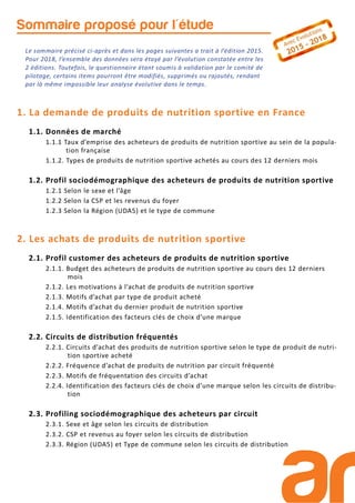 Sommaire proposé pour l'étude
Le sommaire précisé ci-après et dans les pages suivantes a trait à l’édition 2015.
Pour 2018, l’ensemble des données sera étayé par l’évolution constatée entre les
2 éditions. Toutefois, le questionnaire étant soumis à validation par le comité de
pilotage, certains items pourront être modifiés, supprimés ou rajoutés, rendant
par là même impossible leur analyse évolutive dans le temps.
1. La demande de produits de nutrition sportive en France
1.1. Données de marché
1.1.1 Taux d’emprise des acheteurs de produits de nutrition sportive au sein de la popula-
tion française
1.1.2. Types de produits de nutrition sportive achetés au cours des 12 derniers mois
1.2. Profil sociodémographique des acheteurs de produits de nutrition sportive
1.2.1 Selon le sexe et l’âge
1.2.2 Selon la CSP et les revenus du foyer
1.2.3 Selon la Région (UDA5) et le type de commune
2. Les achats de produits de nutrition sportive
2.1. Profil customer des acheteurs de produits de nutrition sportive
2.1.1. Budget des acheteurs de produits de nutrition sportive au cours des 12 derniers
mois
2.1.2. Les motivations à l’achat de produits de nutrition sportive
2.1.3. Motifs d’achat par type de produit acheté
2.1.4. Motifs d’achat du dernier produit de nutrition sportive
2.1.5. Identification des facteurs clés de choix d’une marque
2.2. Circuits de distribution fréquentés
2.2.1. Circuits d’achat des produits de nutrition sportive selon le type de produit de nutri-
tion sportive acheté
2.2.2. Fréquence d’achat de produits de nutrition par circuit fréquenté
2.2.3. Motifs de fréquentation des circuits d’achat
2.2.4. Identification des facteurs clés de choix d’une marque selon les circuits de distribu-
tion
2.3. Profiling sociodémographique des acheteurs par circuit
2.3.1. Sexe et âge selon les circuits de distribution
2.3.2. CSP et revenus au foyer selon les circuits de distribution
2.3.3. Région (UDA5) et Type de commune selon les circuits de distribution
 