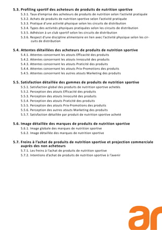 5.3. Profiling sportif des acheteurs de produits de nutrition sportive
5.3.1. Taux d’emprise des acheteurs de produits de nutrition selon l’activité pratiquée
5.3.2. Achats de produits de nutrition sportive selon l’activité pratiquée
5.3.3. Pratique d’une activité physique selon les circuits de distribution
5.3.4. Types des activités physiques pratiquées selon les circuits de distribution
5.3.5. Adhésion à un club sportif selon les circuits de distribution
5.3.6. Respect d’une discipline alimentaire en lien avec l’activité physique selon les cir-
cuits de distribution
5.4. Attentes détaillées des acheteurs de produits de nutrition sportive
5.4.1. Attentes concernant les atouts Efficacité des produits
5.4.2. Attentes concernant les atouts Innocuité des produits
5.4.3. Attentes concernant les atouts Praticité des produits
5.4.4. Attentes concernant les atouts Prix-Promotions des produits
5.4.5. Attentes concernant les autres atouts Marketing des produits
5.5. Satisfaction détaillée des gammes de produits de nutrition sportive
5.5.1. Satisfaction global des produits de nutrition sportive achetés
5.5.2. Perception des atouts Efficacité des produits
5.5.3. Perception des atouts Innocuité des produits
5.5.4. Perception des atouts Praticité des produits
5.5.5. Perception des atouts Prix-Promotions des produits
5.5.6. Perception des autres atouts Marketing des produits
5.5.7. Satisfaction détaillée par produit de nutrition sportive acheté
5.6. Image détaillée des marques de produits de nutrition sportive
5.6.1. Image globale des marques de nutrition sportive
5.6.2. Image détaillée des marques de nutrition sportive
5.7. Freins à l’achat de produits de nutrition sportive et projection commerciale
auprès des non acheteurs
5.7.1. Les freins à l’achat de produits de nutrition sportive
5.7.2. Intentions d’achat de produits de nutrition sportive à l’avenir
 