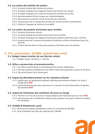 4.2. Les achats des lentilles de contact
4.2.1. Circuit(s) d’achat des lentilles de contact
4.2.2. Enseigne d’optique (en magasin) d’achat des lentilles de contact
4.2.3. Enseigne d’optique (sur Internet) d’achat des lentilles de contact
4.2.4. Recommandation d’une marque par l’ophtalmologiste
4.2.5. Déroulement du dernier achat de lentilles de correction
4.2.6. Connaissance de la marque des lentilles de contact portées actuellement
4.2.7. Prêt(e) à s’équiper de lentilles d’une MDD
4.3. Les achats de produits d’entretien pour lentilles
4.3.1. Produits d’entretien utilisés
4.3.2. Circuit(s) d’achat des produits d’entretien pour lentilles
4.3.3. Enseigne d’optique (en magasin) d’achat des produits d’entretien pour lentilles
4.3.4. Connaissance de la marque de produits d’entretien utilisée actuellement pour les
lentilles
4.3.5. Critères décisifs dans le choix des produits d’entretien pour les lentilles
5. Prix, promotions, OCAMS, plateformes santé
5.1. Budget moyen lunettes de vue (dernier achat)
5.1.1. Budget moyen «monture + 2 verres»
5.2. Offres commerciales et promotionnelles
5.2.1. Les offres commerciales ou promotionnelles les plus séduisantes
5.2.2. Part des acheteurs bénéficiaires de l’offre «2ème paire gratuite ou pour 1€ de plus»
5.2.3. Taux d’utilisation de la 2ème paire
5.3. Impact du déremboursement sur les intentions d’achat
5.3.1. Intérêt pour un équipement optique spécifique permettant d’obtenir un reste à
charge zéro N18
5.3.3. Consentement à payer plus (montures et 2 verres) en cas de diminution du dérem-
boursement N18
5.4. Impact de l’évolution des conditions de prise en charge
5.4.1. Position vis-à-vis de la prise en charge optique autorisée que tous les 3 ans N18
5.4.2. Connaissance de la validité des ordonnances pendant 5 ans pour l’achat de lunettes
de correction
5.5. OCAMS & Plateformes santé
5.5.1. Poids des principales plateformes santé sur le marché des OCAMS
5.5.2. Taux d’influence du choix de l’opticien par l’OCAM
 