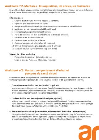 Workbook n°2. Montures : les aspira ons, les envies, les tendances
Ce workbook Excel vous permet de connaitre les aspirations et les envies des porteurs de lunettes
de vue en matière de montures. Ce workbook s’organise de la façon suivante :
10 questions :
1. Critères d’achat d’une monture optique (14 critères)
2. Styles les plus aspirationnels (10 styles)
3. Budget supplémentaire envisagé pour une monture sur-mesure, individualisée
4. Matériaux les plus aspirationnels (10 matériaux)
5. Formes les plus aspirationnelles (8 formes)
6. Types de branches les plus aspirationnels (8 types de branches)
7. Préférences en matière d’opacité
8. Préférences en matière de brillance
9. Couleurs les plus aspirationnelles (42 couleurs)
10. Univers de marques les plus aspirationnels (8 univers)
11. Marques les plus aspirationnelles (Top 5 of mind)
3 types de cibles marketing :
• L’ensemble des porteurs de lunettes de vue
• Selon le sexe de l’acheteur (Hommes / Femmes)
Workbook n°3. Verres : comportement d’achat et
parcours de santé visuel
Ce workbook Excel vous permet de connaitre les comportements et les attentes en matière de
verres optiques et de parcours de santé visuel : 3 thèmes et 15 questions sont abordés.
1. Comportements d’achat des verres chez l’opticien
Importance accordée au choix des verres, Degré d’intervention dans le choix des verres, de la
marque des verres , Questionnement de l’opticien, Prises des mesures par l’opticien (focus par
profil sociodémographique et enseignes fréquentées)
2. Critères d’achat des verres (caractéristiques, options)
Influence des caractéristiques et options des verres (26 critères), Préférences concernant les
types des verres chez les « presbytes », Marques connues, Marques souhaitées : focus par type
de défaut visuel (Myopes/Astigmates/Hypermétropes, Presbytes)
5. Parcours de santé visuel (information, orientation et éducation thérapeutique)
Perception du rôle des opticiens dans le parcours de santé visuelle, Degré d’importance accor-
dée aux services fournis par les opticiens, Degré d’intérêt porté aux supports d’informations
proposés par les opticiens, Opinion vis-à-vis de la certification «Qualité en optique»
 