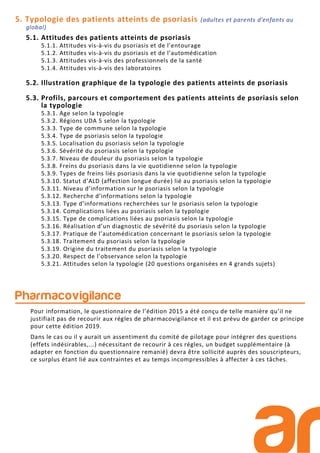 5. Typologie des patients atteints de psoriasis (adultes et parents d’enfants au
global)
5.1. Attitudes des patients atteints de psoriasis
5.1.1. Attitudes vis-à-vis du psoriasis et de l’entourage
5.1.2. Attitudes vis-à-vis du psoriasis et de l’automédication
5.1.3. Attitudes vis-à-vis des professionnels de la santé
5.1.4. Attitudes vis-à-vis des laboratoires
5.2. Illustration graphique de la typologie des patients atteints de psoriasis
5.3. Profils, parcours et comportement des patients atteints de psoriasis selon
la typologie
5.3.1. Age selon la typologie
5.3.2. Régions UDA 5 selon la typologie
5.3.3. Type de commune selon la typologie
5.3.4. Type de psoriasis selon la typologie
5.3.5. Localisation du psoriasis selon la typologie
5.3.6. Sévérité du psoriasis selon la typologie
5.3.7. Niveau de douleur du psoriasis selon la typologie
5.3.8. Freins du psoriasis dans la vie quotidienne selon la typologie
5.3.9. Types de freins liés psoriasis dans la vie quotidienne selon la typologie
5.3.10. Statut d’ALD (affection longue durée) lié au psoriasis selon la typologie
5.3.11. Niveau d’information sur le psoriasis selon la typologie
5.3.12. Recherche d’informations selon la typologie
5.3.13. Type d’informations recherchées sur le psoriasis selon la typologie
5.3.14. Complications liées au psoriasis selon la typologie
5.3.15. Type de complications liées au psoriasis selon la typologie
5.3.16. Réalisation d’un diagnostic de sévérité du psoriasis selon la typologie
5.3.17. Pratique de l’automédication concernant le psoriasis selon la typologie
5.3.18. Traitement du psoriasis selon la typologie
5.3.19. Origine du traitement du psoriasis selon la typologie
5.3.20. Respect de l’observance selon la typologie
5.3.21. Attitudes selon la typologie (20 questions organisées en 4 grands sujets)
Pharmacovigilance
Pour information, le questionnaire de l’édition 2015 a été conçu de telle manière qu’il ne
justifiait pas de recourir aux régles de pharmacovigilance et il est prévu de garder ce principe
pour cette édition 2019.
Dans le cas ou il y aurait un assentiment du comité de pilotage pour intégrer des questions
(effets indésirables,...) nécessitant de recourir à ces régles, un budget supplémentaire (à
adapter en fonction du questionnaire remanié) devra être sollicité auprès des souscripteurs,
ce surplus étant lié aux contraintes et au temps incompressibles à affecter à ces tâches.
 