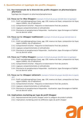 2. Quantification et typologie des profils shoppers
2.1. Vue transversale de la diversité des profils shoppers en pharmacie/para-
pharmacie
Typologie des shoppers en pharmacie/parapharmacie
2.2. Focus sur le «Neo Shopper» (exemple d’intitulé de groupe identifié dans la typologie)
2.2.1. Profil sociodémographique (sexe, age, CSP, revenus du foyer, composition du foyer,
région (UDA5), lieu d’habitation)
2.2.2. Comportement d’achat : fréquence et destinataire final des produits
2.2.3. Logiques comportementales et attitudinales
2.2.4. Pharmacie et parapharmacie fréquentée : localisation, type d’enseigne et fidélité
lors du dernier achat
2.3. Focus sur le «Shopper traditionnel» (exemple d’intitulé de groupe identifié dans la
typologie)
2.3.1. Profil sociodémographique (sexe, age, CSP, revenus du foyer, composition du foyer,
région (UDA5), lieu d’habitation)
2.3.2. Comportement d’achat : fréquence et destinataire final des produits
2.3.3. Logiques comportementales et attitudinales
2.3.4. Pharmacie et parapharmacie fréquentée : localisation, type d’enseigne et fidélité
lors du dernier achat
2.4. Focus sur l’«Ultra Shopper» (exemple d’intitulé de groupe identifié dans la typologie)
2.4.1. Profil sociodémographique (sexe, age, CSP, revenus du foyer, composition du foyer,
région (UDA5), lieu d’habitation)
2.4.2. Comportement d’achat : fréquence et destinataire final des produits
2.4.3. Logiques comportementales et attitudinales
2.4.4. Pharmacie et parapharmacie fréquentée : localisation, type d’enseigne et fidélité
lors du dernier achat
2.5. Focus sur le «Shopper rationnel» (exemple d’intitulé de groupe identifié dans la typolo-
gie)
2.5.1. Profil sociodémographique (sexe, age, CSP, revenus du foyer, composition du foyer,
région (UDA5), lieu d’habitation)
2.5.2. Comportement d’achat : fréquence et destinataire final des produits
2.5.3. Logiques comportementales et attitudinales
2.5.4. Pharmacie et parapharmacie fréquentée : localisation, type d’enseigne et fidélité
lors du dernier achat
2.6. Implications marketing par type de profil Shopper
2.6.1. Représentativité des profils shopper selon la catégorie de produit achetée
2.6.2. Implications marketing selon les différents types de profil shopper
 