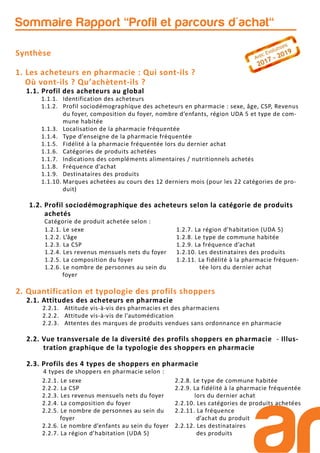 Synthèse
1. Les acheteurs en pharmacie : Qui sont-ils ?
Où vont-ils ? Qu’achètent-ils ?
1.1. Profil des acheteurs au global
1.1.1. Identification des acheteurs
1.1.2. Profil sociodémographique des acheteurs en pharmacie : sexe, âge, CSP, Revenus
du foyer, composition du foyer, nombre d’enfants, région UDA 5 et type de com-
mune habitée
1.1.3. Localisation de la pharmacie fréquentée
1.1.4. Type d’enseigne de la pharmacie fréquentée
1.1.5. Fidélité à la pharmacie fréquentée lors du dernier achat
1.1.6. Catégories de produits achetées
1.1.7. Indications des compléments alimentaires / nutritionnels achetés
1.1.8. Fréquence d’achat
1.1.9. Destinataires des produits
1.1.10. Marques achetées au cours des 12 derniers mois (pour les 22 catégories de pro-
duit)
1.2. Profil sociodémographique des acheteurs selon la catégorie de produits
achetés
Catégorie de produit achetée selon :
Sommaire Rapport "Profil et parcours d'achat"
1.2.1. Le sexe
1.2.2. L’âge
1.2.3. La CSP
1.2.4. Les revenus mensuels nets du foyer
1.2.5. La composition du foyer
1.2.6. Le nombre de personnes au sein du
foyer
1.2.7. La région d’habitation (UDA 5)
1.2.8. Le type de commune habitée
1.2.9. La fréquence d’achat
1.2.10. Les destinataires des produits
1.2.11. La fidélité à la pharmacie fréquen-
tée lors du dernier achat
2. Quantification et typologie des profils shoppers
2.1. Attitudes des acheteurs en pharmacie
2.2.1. Attitude vis-à-vis des pharmacies et des pharmaciens
2.2.2. Attitude vis-à-vis de l’automédication
2.2.3. Attentes des marques de produits vendues sans ordonnance en pharmacie
2.2. Vue transversale de la diversité des profils shoppers en pharmacie - Illus-
tration graphique de la typologie des shoppers en pharmacie
2.3. Profils des 4 types de shoppers en pharmacie
4 types de shoppers en pharmacie selon :
2.2.1. Le sexe
2.2.2. La CSP
2.2.3. Les revenus mensuels nets du foyer
2.2.4. La composition du foyer
2.2.5. Le nombre de personnes au sein du
foyer
2.2.6. Le nombre d’enfants au sein du foyer
2.2.7. La région d’habitation (UDA 5)
2.2.8. Le type de commune habitée
2.2.9. La fidélité à la pharmacie fréquentée
lors du dernier achat
2.2.10. Les catégories de produits achetées
2.2.11. La fréquence
d’achat du produit
2.2.12. Les destinataires
des produits
 