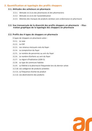 2. Quantification et typologie des profils shoppers
2.1. Attitudes des acheteurs en pharmacie
2.2.1. Attitude vis-à-vis des pharmacies et des pharmaciens
2.2.2. Attitude vis-à-vis de l’automédication
2.2.3. Attentes des marques de produits vendues sans ordonnance en pharmacie
2.2. Vue transversale de la diversité des profils shoppers en pharmacie - Illus-
tration graphique de la typologie des shoppers en pharmacie
2.2. Profils des 4 types de shoppers en pharmacie
4 types de shoppers en pharmacie selon :
2.2.1. Le sexe
2.2.2. La CSP
2.2.3. Les revenus mensuels nets du foyer
2.2.4. La composition du foyer
2.2.5. Le nombre de personnes au sein du foyer
2.2.6. Le nombre d’enfants au sein du foyer
2.2.7. La région d’habitation (UDA 5)
2.2.8. Le type de commune habitée
2.2.9. La fidélité à la pharmacie fréquentée lors du dernier achat
2.2.10. Les catégories de produits achetées
2.2.11. La fréquence d’achat du produit
2.2.12. Les destinataires des produits
 