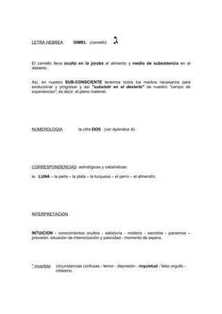 LETRA HEBREA            GIMEL (camello)        ‫ג‬
El camello lleva oculto en la joroba el alimento y medio de subsistencia en el
desierto.


Así, en nuestro SUB-CONSCIENTE tenemos todos los medios necesarios para
evolucionar y progresar y así "subsistir en el desierto" de nuestro "campo de
experiencias", es decir, el plano material.




NUMEROLOGIA                la cifra DOS (ver Apéndice A).




CORRESPONDENCIAS astrológicas y cabalísticas:

la LUNA – la perla – la plata – la turquesa – el perro – el almendro.




INTERPRETACION



INTUICION - conocimientos ocultos - sabiduría - misterio - secretos - paciencia –
previsión -situación de interiorización y pasividad - momento de espera.




* Invertida:   circunstancias confusas - temor - depresión - inquietud - falso orgullo -
               nihilismo.
 