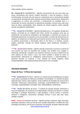 Luz da Consciência Numerologia Cabalística 5
www.luzdaconsciencia.com.br
indica orgulho, atrasos, egoísmo.
20 – Arcano 20 (O JULGAMENTO) – Significa renascimento de uma nova vida; que
coisas maravilhosas vão ocorrer; poderá vislumbrar o que lhe prepara o futuro;
transformação; verá tudo sob uma nova luz; rompimento com o convencional; propõe
um período de recompensas pelos esforços empreendidos anteriormente. Representa
o julgamento ou síntese que permitem a compreensão da realidade final e o
transcender da mente; aproveitar as experiências passadas, renascer para vida nova;
troca de ideias, popularidade, fama. Estando em atitude negativa, indica confusão
mental, sensação de confinamento.
***21 – Arcano 21 (O MUNDO) – Significa liberdade para ir em qualquer direção que
desejar; conclusão de um trabalho bem feito; triunfo em qualquer coisa que se
empreenda; um período de realizações e de totalização; o momento do sucesso, da
finalização positiva de um processo ou de uma questão; o instante de alcançarmos um
objetivo, de atingirmos um ideal pelo qual lutamos durante muito tempo. Representa
os poderes paranormais, a dominação sobre as leis físicas e a matéria; sucesso,
viagens, plenitude. Estando em atitude negativa, indica obstáculos, limitações e
fracassos.
****22 – Arcano 22 (O LOUCO) – Significa decisão importante; encontrar-se diante de
uma escolha que deve ser decidida com cuidado, mas também com coragem e,
sobretudo, atendendo a intuição e aos impulsos interiores; anuncia o advento de um
novo capítulo da vida. Existe o risco, mas existe também o desejo de saltar no
desconhecido. Representa as inteligências sobre-humanas, a espontaneidade, o
espiritual atuando no material, o risco. Estando em atitude negativa, indica
irresponsabilidade, intervenção de forças astrais para o mal, corrupção.
ARCANOS MENORES
Naipe de Paus – O Plano da Inspiração
***23 – Arcano 23 (Rei de Paus) – Aparece um aspecto da personalidade que vai gerar
novas ideias; qualidades de liderança, bondade e honestidade. É o símbolo do poder
adquirido pelo mérito e pelo trabalho, sendo emblema de proteção das pessoas bem
colocadas. Representa autoconfiança, motivação, empreendedorismo, sabedoria e
convicção; respeitabilidade e amizades. Risco: inflexibilidade e intolerância.
***24 – Arcano 24 (Rainha de Paus) – É símbolo de posição elevada; demonstra a
força da imaginação, da constância e da objetividade; momento de oferecer e receber
aconchego e proteção. Representa a ação desejada, o plano criativo; o feminino
atraente e inteligente; crescimento, atividade, firmeza e amor pela vida. Risco:
vaidade e orgulho.
###25 – Arcano 25 (Cavaleiro de Paus) – Significa partida, mudanças, fuga, dissensão,
separação, abandono, início ou final de uma situação importante; o símbolo dos altos
empregos secundários, da luta para conquistar uma posição, do poder adquirido pelas
 