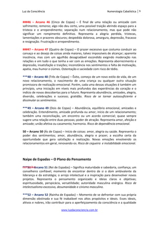Luz da Consciência Numerologia Cabalística 9
www.luzdaconsciencia.com.br
###46 – Arcano 46 (Cinco de Copas) – É final de uma relação ou amizade com
sofrimento; remorso; algo não deu certo, uma possível traição abrindo espaço para a
tristeza e o arrependimento; separação num relacionamento, mas que pode não
significar um rompimento definitivo. Representa a alegria perdida, tristezas,
lamentações e prazeres obscuros; despedida dolorosa, amargura, depressão, fracasso
e resignação. Frustração e arrependimento.
###47 – Arcano 47 (Quatro de Copas) – O prazer excessivo que costuma conduzir ao
cansaço e ao desejo de coisas ainda maiores, talvez impossíveis de alcançar; aparente
inocência, mas com um aguilhão desagradável escondido exigindo moderação nas
relações e em tudo o que tenha a ver com as emoções. Representa aborrecimento e
depressão, insatisfação e traições; inconstância nos sentimentos e falta de motivação,
apatia, mau humor e ciúmes. Ostentação e saciedade com risco de tédio.
***48 – Arcano 48 (Três de Copas) – Êxito, começo de um novo estilo de vida, de um
novo relacionamento, o nascimento de uma criança ou qualquer outra situação
promissora de realização emocional. Porém, cada uma dessas situações é também um
princípio, uma iniciação em níveis mais profundos das experiências do coração e o
indício de novas descobertas para o futuro. Representa abundância, amizades, alegria,
diversão, celebrações e sucesso; gratidão. Risco de se tornar autossuficiente e
dissimular os sentimentos.
***49 – Arcano 49 (Dois de Copas) – Abundância, equilíbrio emocional, amizades e
celebração. Entendimento, amizade profunda ou amor; início de um relacionamento;
também uma reconciliação, um encontro ou um acordo comercial; quase sempre
sugere uma relação entre duas pessoas; poder de atração. Representa amor, afeição e
amizade; união afetiva ou casamento; harmonia. Risco de dependência emocional.
50 – Arcano 50 (Ás de Copas) – Início de coisas: amor, alegria ou saúde. Representa o
poder dos sentimentos; amor, abundância, alegria e prazer; a escolha certa da
oportunidade que gera satisfação e realização. Novas emoções envolvendo os
relacionamentos em geral, renovando-os. Risco de cegueira e instabilidade emocional.
Naipe de Espadas – O Plano do Pensamento
***51 – Arcano 51 (Rei de Espadas) – Significa maturidade e sabedoria, confiança; um
conselheiro confiável; momento de encontrar dentro de si o dom ambivalente da
liderança e da estratégia; o arrojo intelectual e a inspiração para desenvolver novos
projetos. Representa o pensamento organizado e ideias claras e objetivas;
espirituosidade, perspicácia, versatilidade; autoridade masculina enérgica. Risco de
intelectualismo excessivo, desumanidade e cinismo masculino.
***52 – Arcano 52 (Rainha de Espadas) – Momento de se defrontar com sua própria
dimensão obstinada e sua fé inabalável nos altos propósitos e ideais. Esses ideais,
altivos e nobres, irão contribuir para o aperfeiçoamento da consciência e a qualidade
vermelho
 