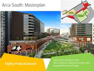 Artist rendition
30-60 meter wide green space
40% of total area dedicated for open space
Integrated Basement Parking
Arca South: Masterplan
Highly Pedestrianized
Retail, Office,
Hotel, Residential,
and Green Spaces
Commercial
Block
Retail, Office,
Hospital, and
Green Spaces
Mixed Use
Block
(Residential)
 