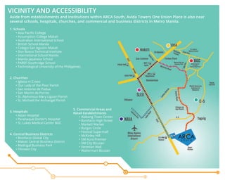 Aside from establishments and institutions within ARCA South, Avida Towers One Union Place is also near
several schools, hospitals, churches, and commercial and business districts in Metro Manila.
1. Schools
• Asia Pacific College
• Assumption College Makati
• Australian International School
• British School Manila
• Colegio San Agustin Makati
• Don Bosco Technical Institute
• International School Manila
• Manila Japanese School
• PAREF-Southridge School
• Technological University of the Philippines
2. Churches
• Iglesia ni Cristo
• Our Lady of the Poor Parish
• San Antonio de Padua
• San Martin de Porres
• St. Alphonsus Mary Liguori Parish
• St. Michael the Archangel Parish
3. Hospitals
• Asian Hospital
• Paranaque Doctor’s Hospital
• St. Lukes Medical Center BGC
4. Central Business Districts
• Bonifacio Global City
• Makati Central Business District
• Madrigal Business Park
• Filinvest City
5. Commercial Areas and
Retail Establishments
• Alabang Town Center
• Bonifacio High Street
• Market! Market
• Burgos Circle
• Festival Supermall
• McKinley Hill
• SM Aura Premier
• SM City Bicutan
• Venetian Mall
• Waltermart Bicutan
VICINITY AND ACCESSIBILITY
ARCA SOUTH BRAND ELEMENTS 3.5
AYALA LAND ENDORSEMENT
In cases where the ARCA South logo must be endorsed using
the Ayala Land logo, the latter must appear in the format
specified here.
The minimum height of “A Signature Development of Ayala Land”
is 6mm and must be center-aligned to the ARCA South logo.
MINIMUM SIZE
When using the logo version, the ARCA South logo
and endorsement should not be reproduced smaller
than the specified size to ensure legibility.
73 mm
43.5 mm
6 mm
20 mm
1 1/2 A 1 1/2 A
1 S
a signature development of
6 mm
1 S
a signature development of
 